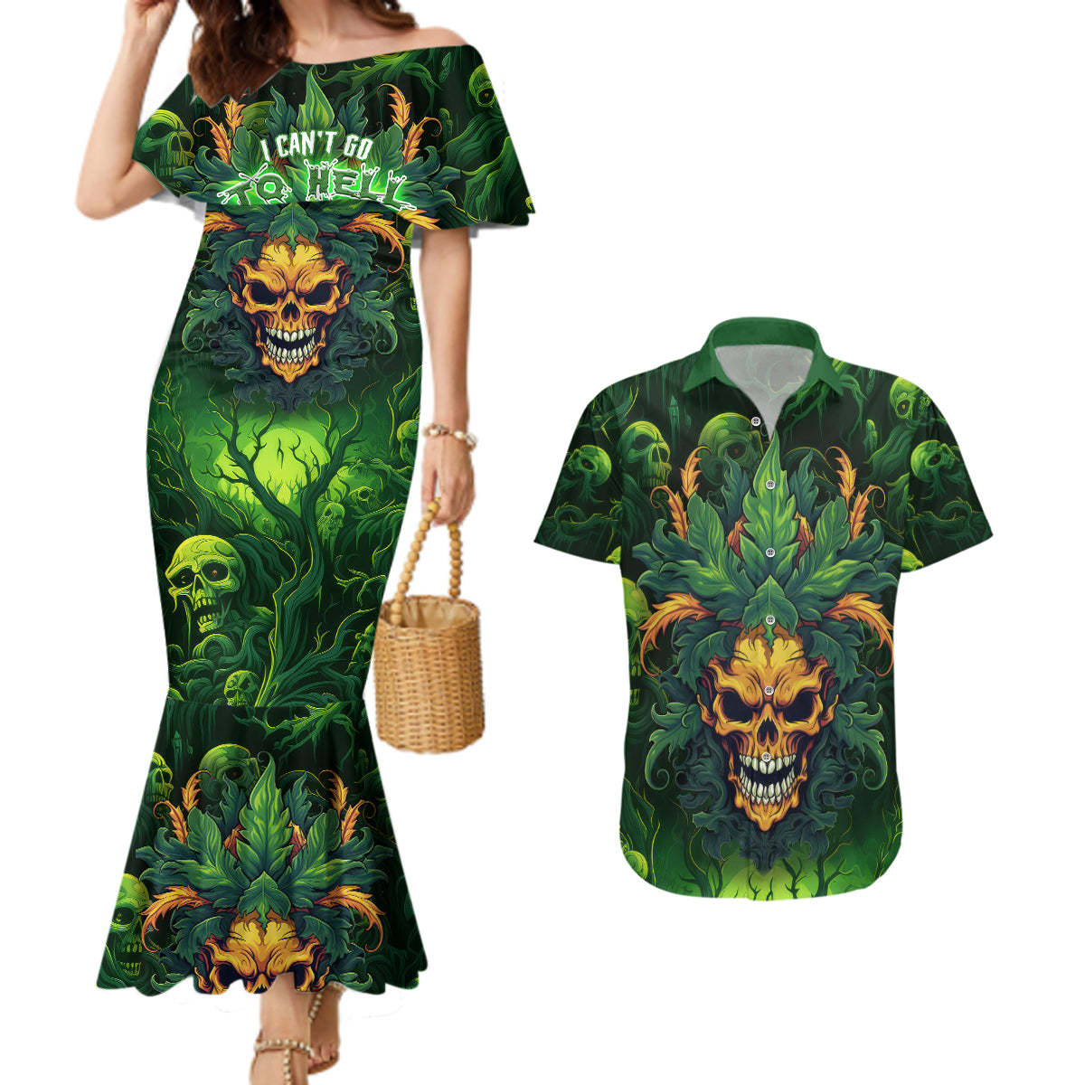 I Can't Go To Hell The Devil Still Has A Restraining Order Against Me Couples Matching Mermaid Dress and Hawaiian Shirt - Wonder Print Shop
