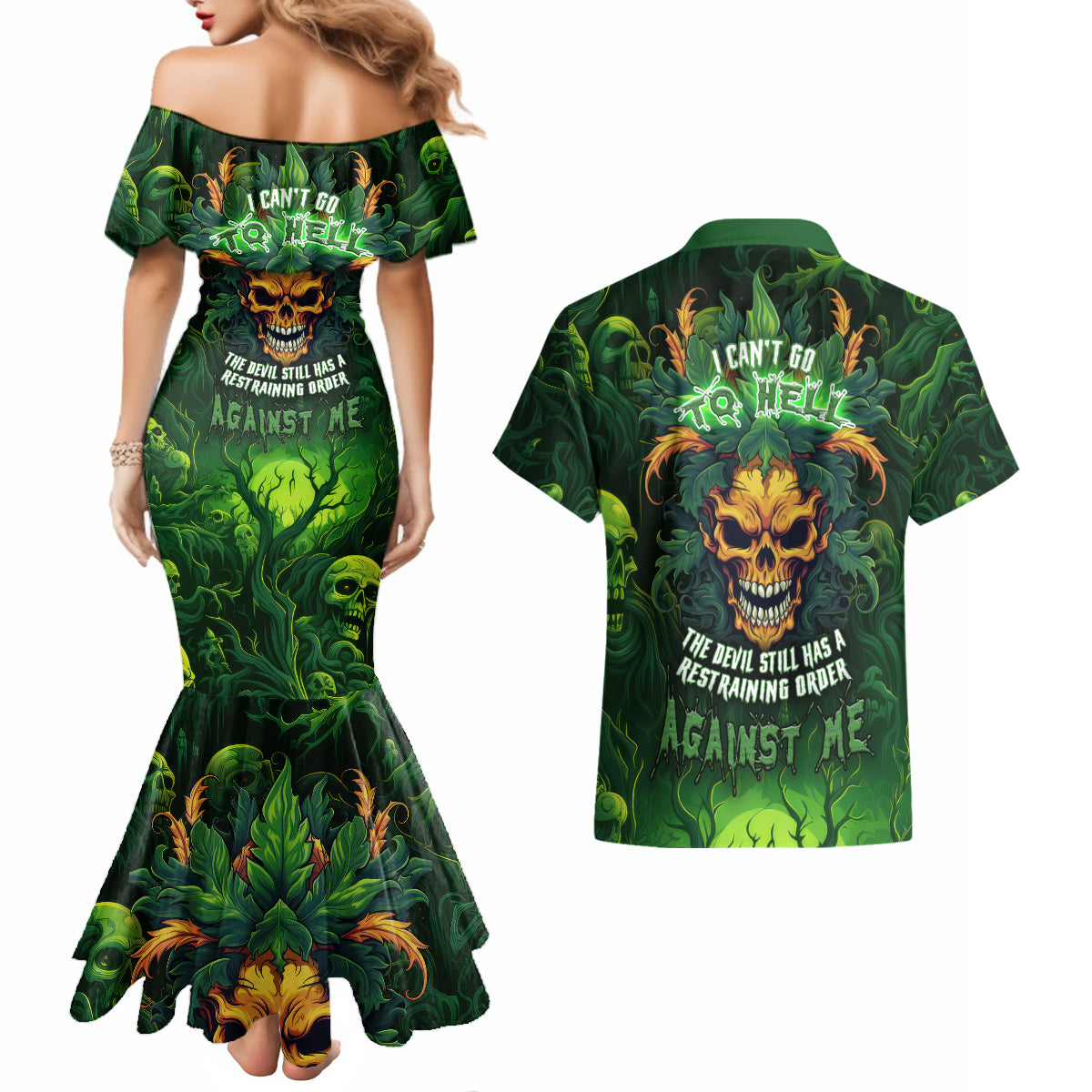 I Can't Go To Hell The Devil Still Has A Restraining Order Against Me Couples Matching Mermaid Dress and Hawaiian Shirt - Wonder Print Shop