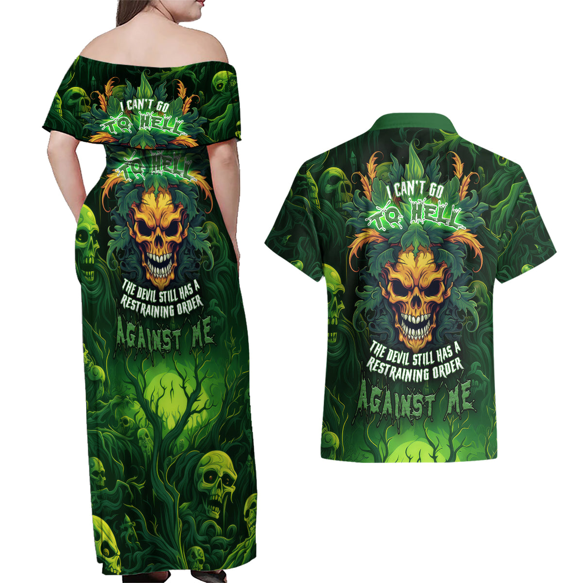I Can't Go To Hell The Devil Still Has A Restraining Order Against Me Couples Matching Off Shoulder Maxi Dress and Hawaiian Shirt - Wonder Print Shop