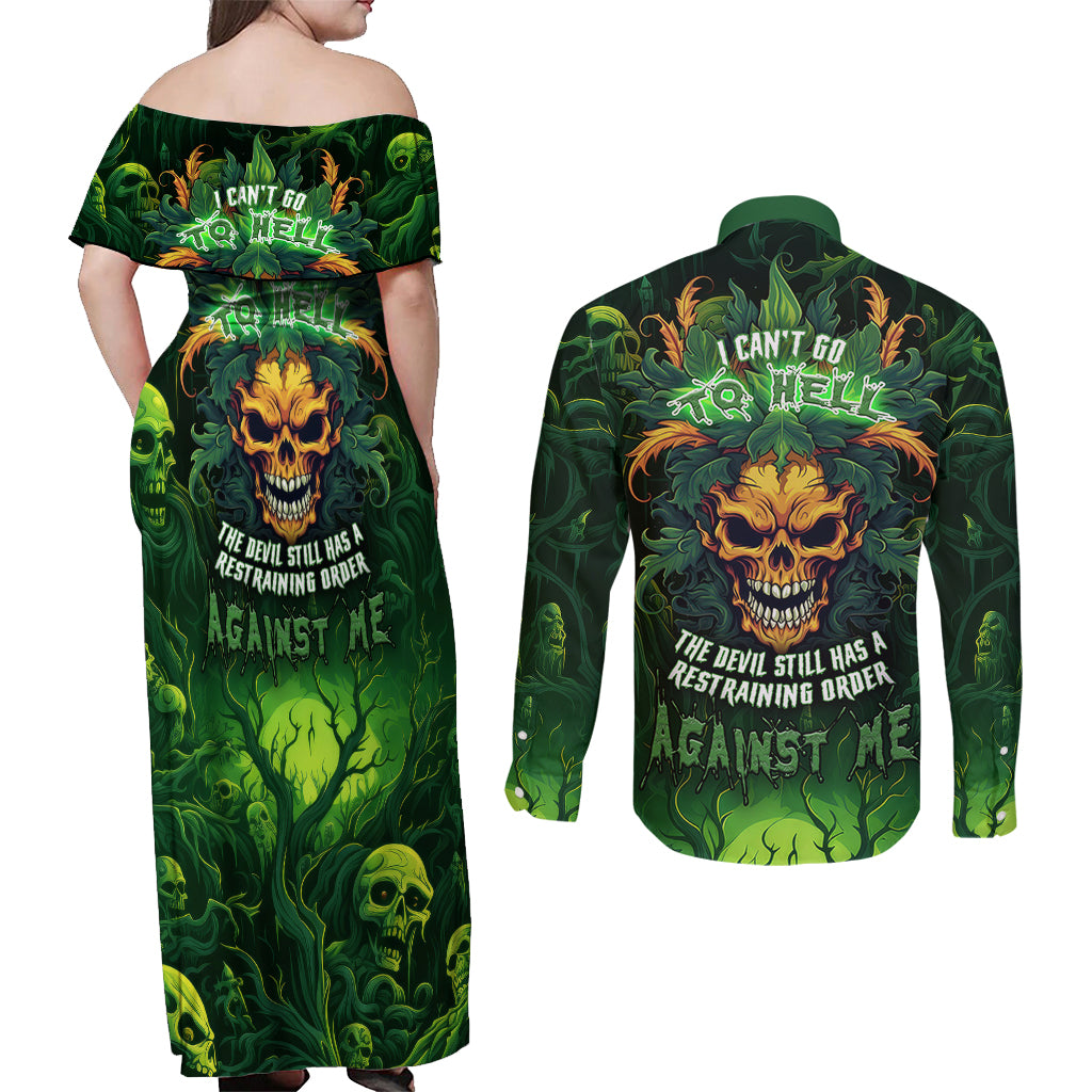 I Can't Go To Hell The Devil Still Has A Restraining Order Against Me Couples Matching Off Shoulder Maxi Dress and Long Sleeve Button Shirts - Wonder Print Shop