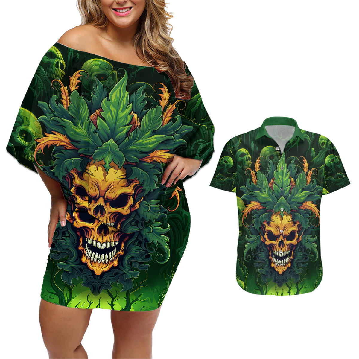 I Can't Go To Hell The Devil Still Has A Restraining Order Against Me Couples Matching Off Shoulder Short Dress and Hawaiian Shirt - Wonder Print Shop