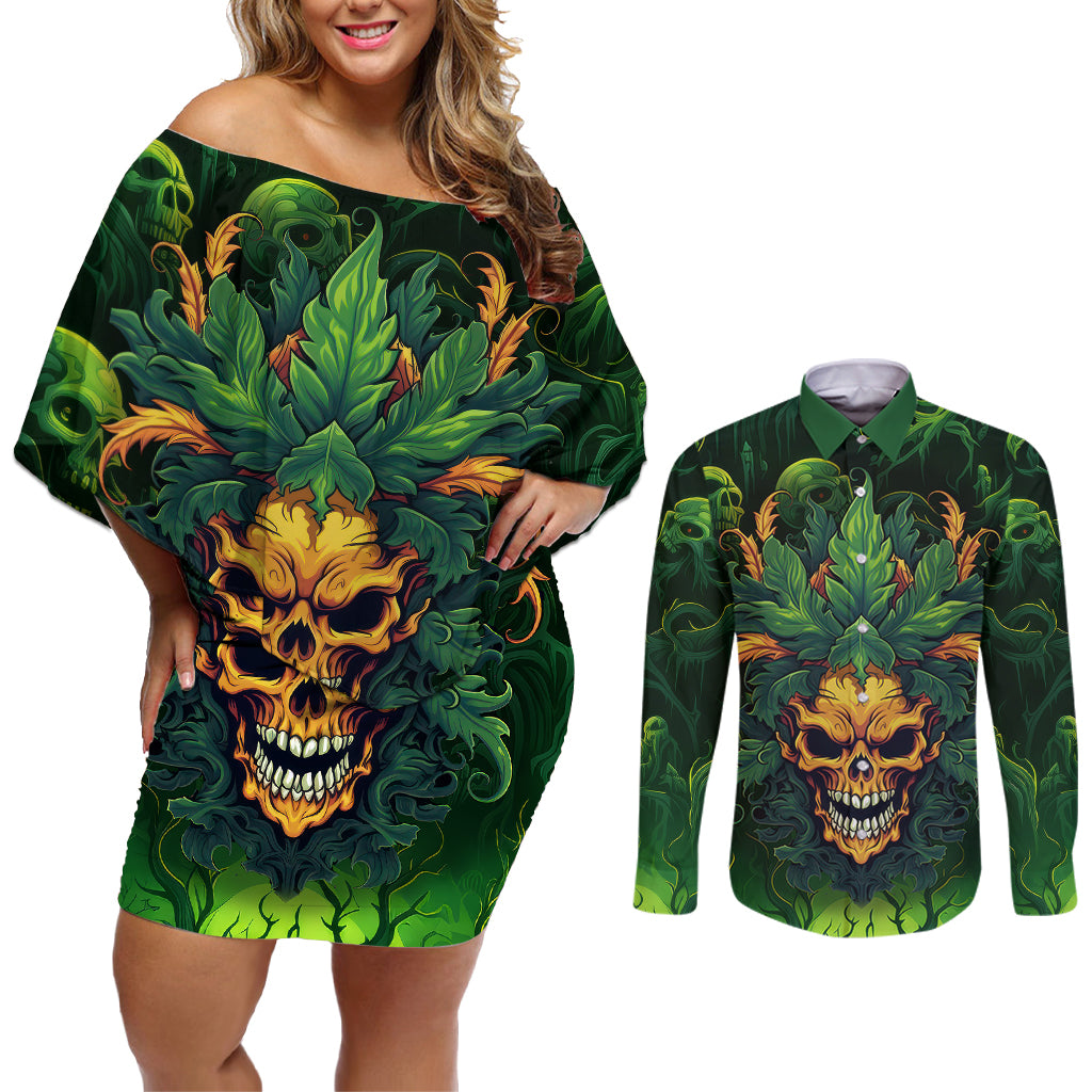 I Can't Go To Hell The Devil Still Has A Restraining Order Against Me Couples Matching Off Shoulder Short Dress and Long Sleeve Button Shirts - Wonder Print Shop