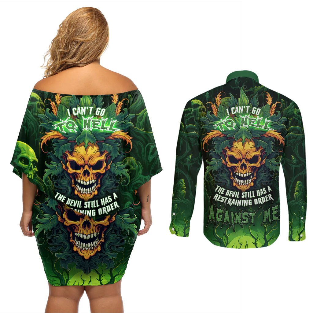 I Can't Go To Hell The Devil Still Has A Restraining Order Against Me Couples Matching Off Shoulder Short Dress and Long Sleeve Button Shirts - Wonder Print Shop