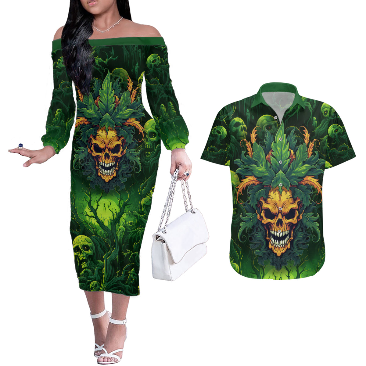 I Can't Go To Hell The Devil Still Has A Restraining Order Against Me Couples Matching Off The Shoulder Long Sleeve Dress and Hawaiian Shirt - Wonder Print Shop