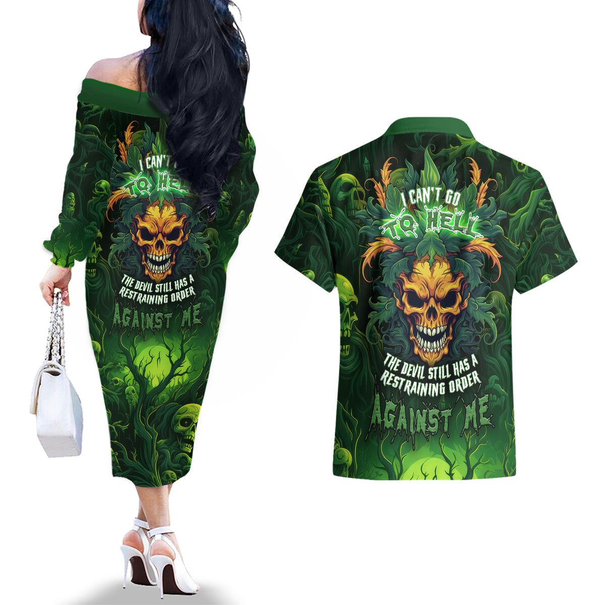 I Can't Go To Hell The Devil Still Has A Restraining Order Against Me Couples Matching Off The Shoulder Long Sleeve Dress and Hawaiian Shirt - Wonder Print Shop