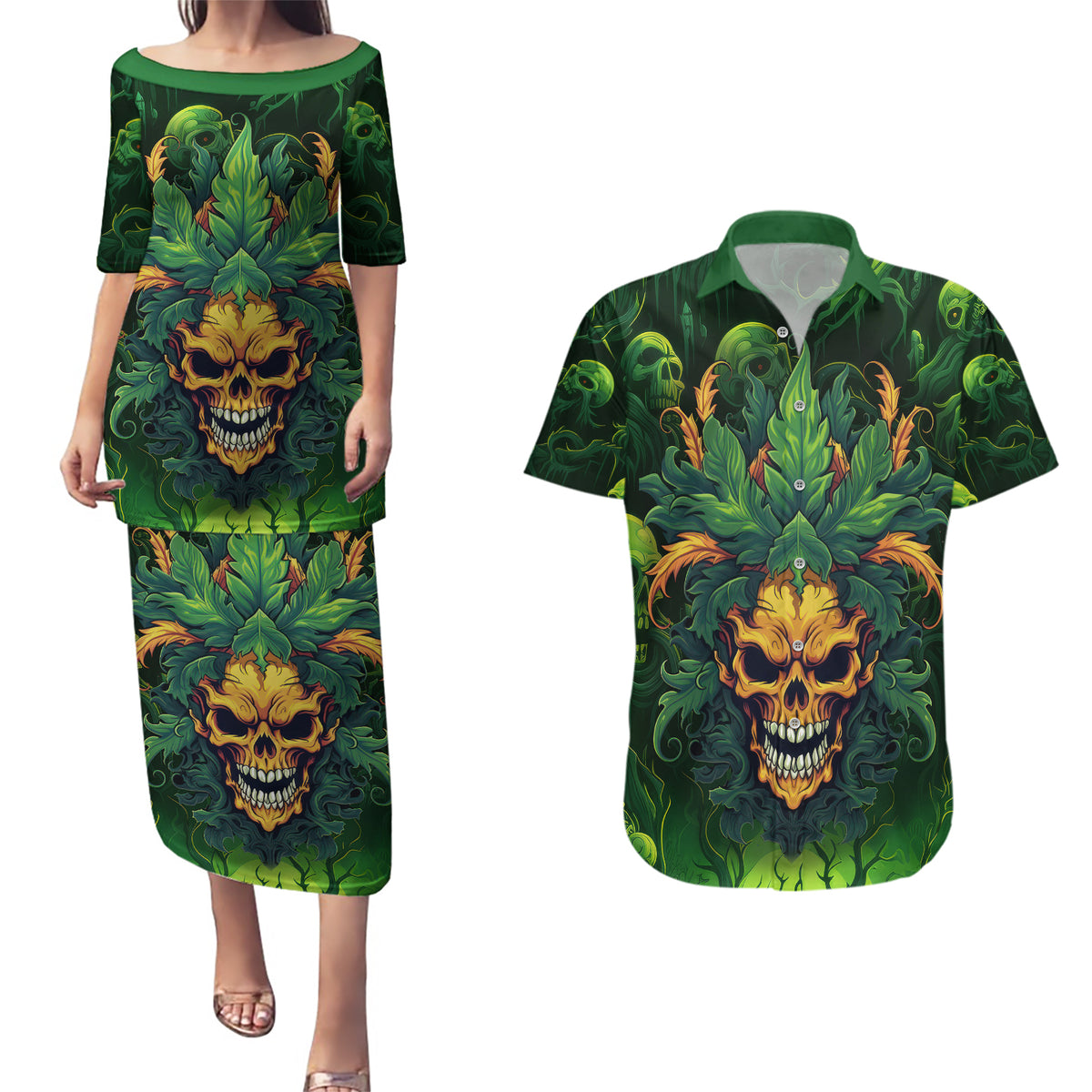 I Can't Go To Hell The Devil Still Has A Restraining Order Against Me Couples Matching Puletasi Dress and Hawaiian Shirt - Wonder Print Shop