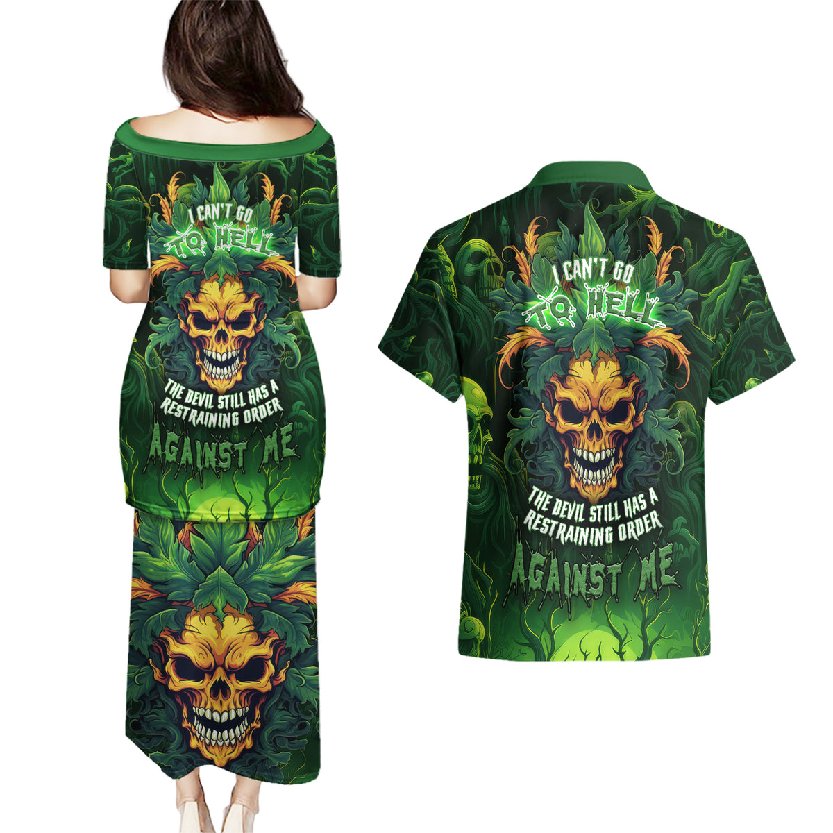 I Can't Go To Hell The Devil Still Has A Restraining Order Against Me Couples Matching Puletasi Dress and Hawaiian Shirt - Wonder Print Shop