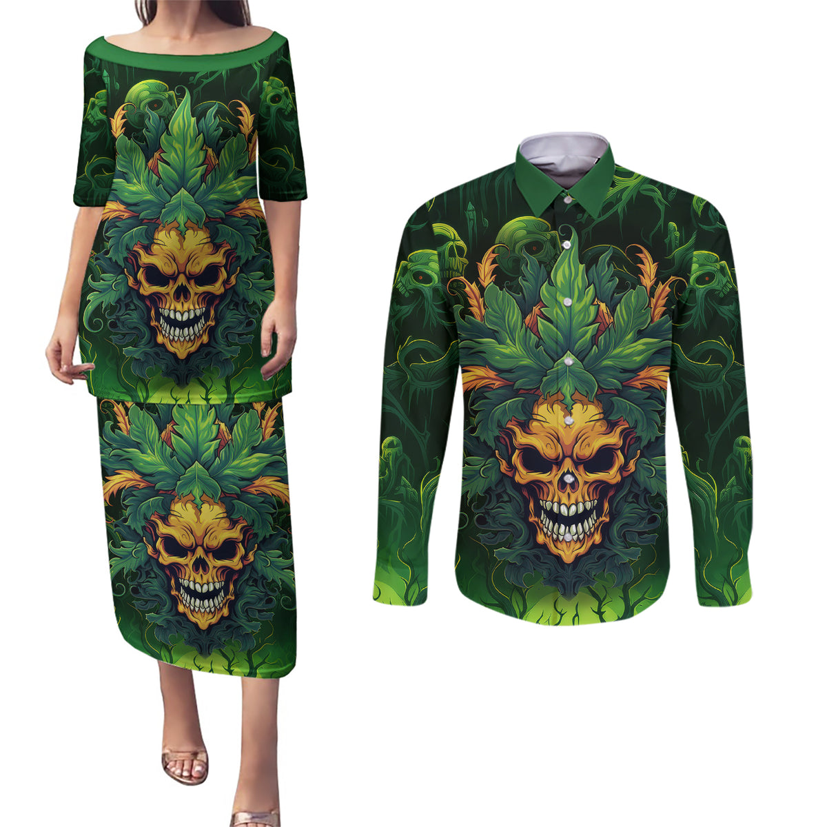 I Can't Go To Hell The Devil Still Has A Restraining Order Against Me Couples Matching Puletasi Dress and Long Sleeve Button Shirts - Wonder Print Shop