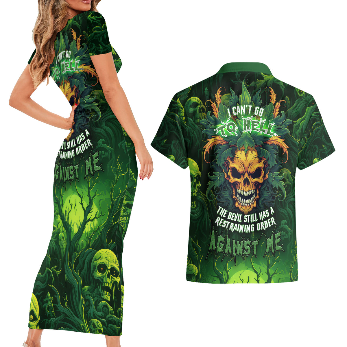 I Can't Go To Hell The Devil Still Has A Restraining Order Against Me Couples Matching Short Sleeve Bodycon Dress and Hawaiian Shirt - Wonder Print Shop