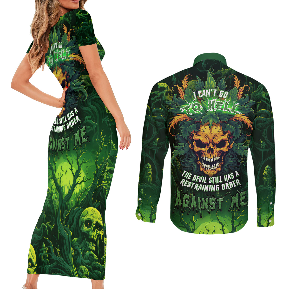 I Can't Go To Hell The Devil Still Has A Restraining Order Against Me Couples Matching Short Sleeve Bodycon Dress and Long Sleeve Button Shirts - Wonder Print Shop