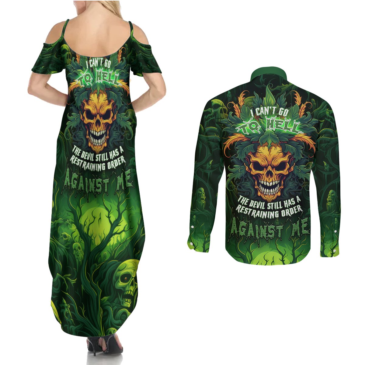 I Can't Go To Hell The Devil Still Has A Restraining Order Against Me Couples Matching Summer Maxi Dress and Long Sleeve Button Shirts - Wonder Print Shop