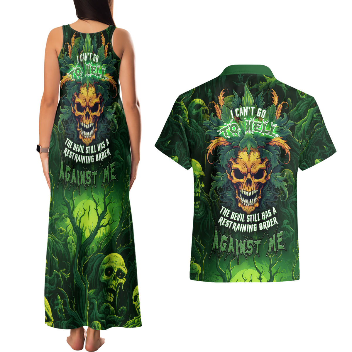 I Can't Go To Hell The Devil Still Has A Restraining Order Against Me Couples Matching Tank Maxi Dress and Hawaiian Shirt - Wonder Print Shop
