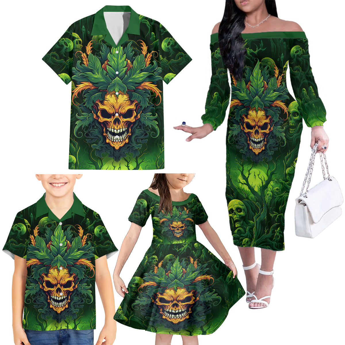 I Can't Go To Hell The Devil Still Has A Restraining Order Against Me Family Matching Off Shoulder Long Sleeve Dress and Hawaiian Shirt - Wonder Print Shop