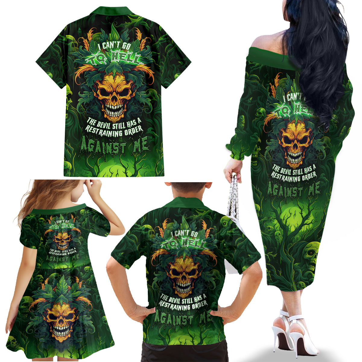I Can't Go To Hell The Devil Still Has A Restraining Order Against Me Family Matching Off Shoulder Long Sleeve Dress and Hawaiian Shirt - Wonder Print Shop