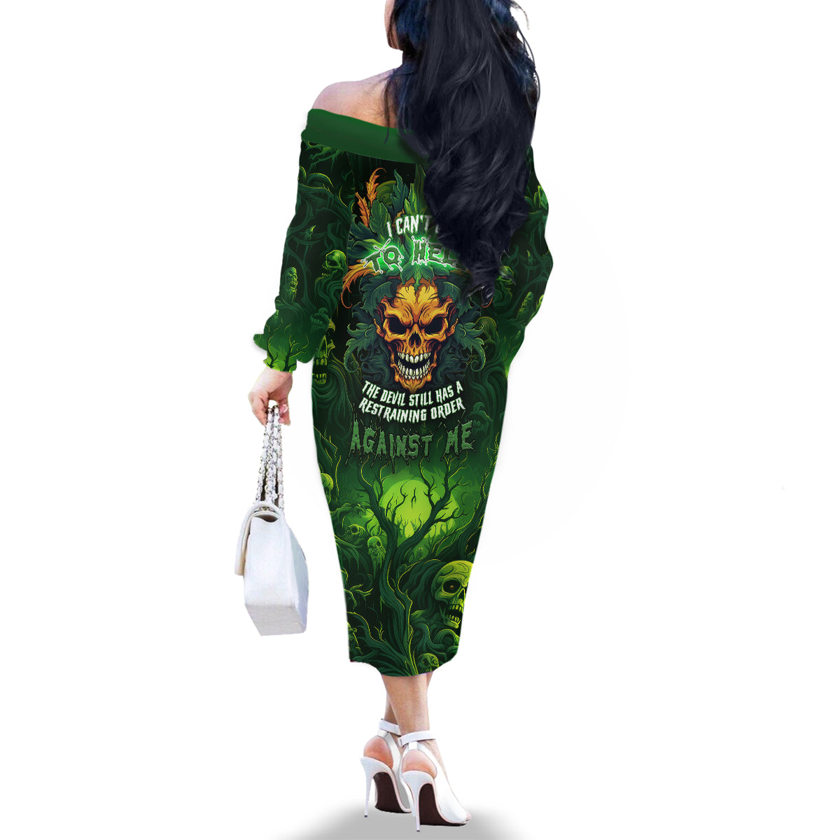 I Can't Go To Hell The Devil Still Has A Restraining Order Against Me Family Matching Off Shoulder Long Sleeve Dress and Hawaiian Shirt - Wonder Print Shop