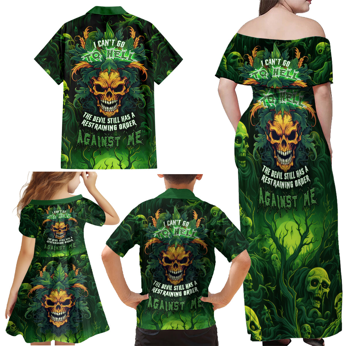 I Can't Go To Hell The Devil Still Has A Restraining Order Against Me Family Matching Off Shoulder Maxi Dress and Hawaiian Shirt - Wonder Print Shop