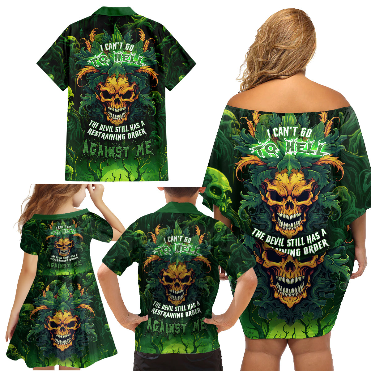 I Can't Go To Hell The Devil Still Has A Restraining Order Against Me Family Matching Off Shoulder Short Dress and Hawaiian Shirt - Wonder Print Shop