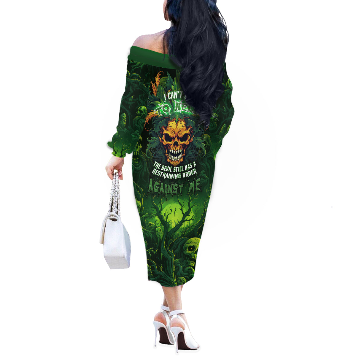 I Can't Go To Hell The Devil Still Has A Restraining Order Against Me Off The Shoulder Long Sleeve Dress - Wonder Print Shop