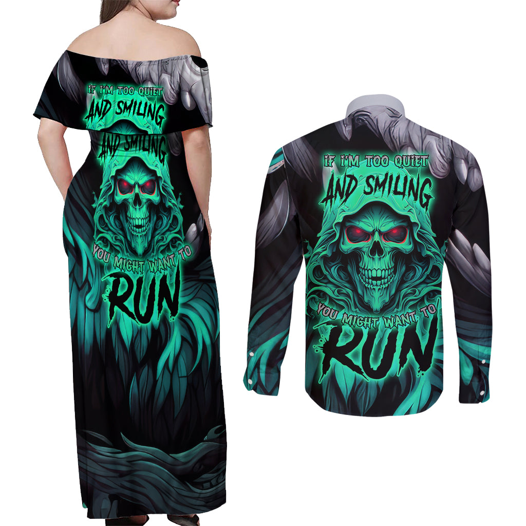 If I'm Too Quiet And Smiling You Might Want To Couples Matching Off Shoulder Maxi Dress and Long Sleeve Button Shirts - Wonder Print Shop
