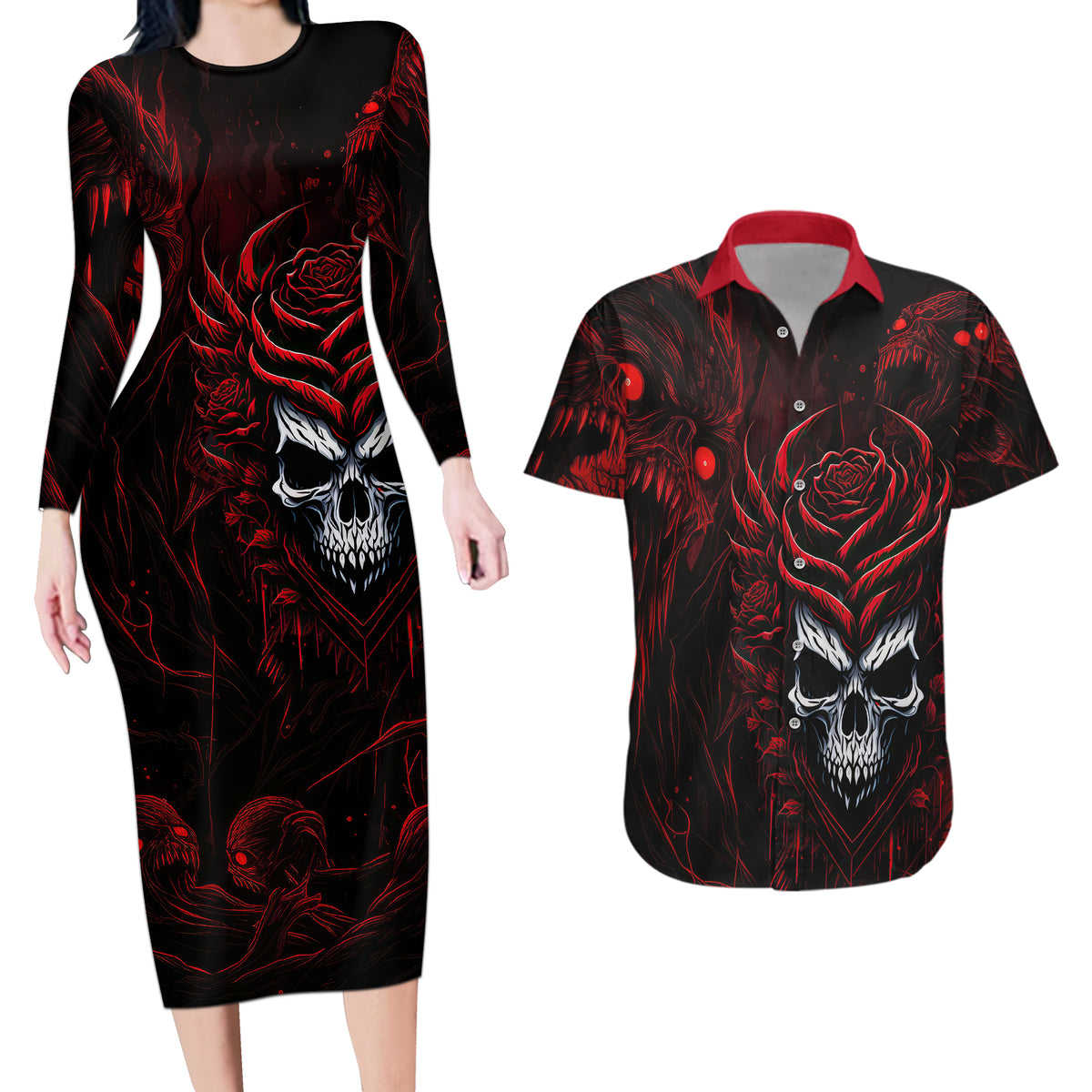 I'm Never Alone My Demon Are With Me 247 Couples Matching Long Sleeve Bodycon Dress and Hawaiian Shirt - Wonder Print Shop