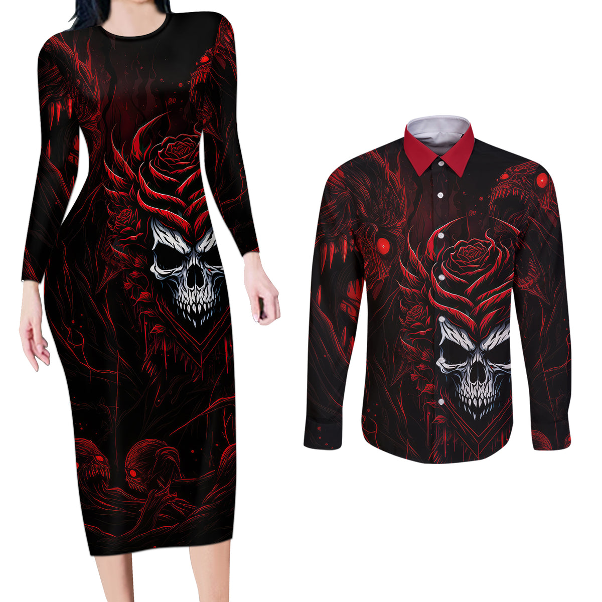 I'm Never Alone My Demon Are With Me 247 Couples Matching Long Sleeve Bodycon Dress and Long Sleeve Button Shirts - Wonder Print Shop