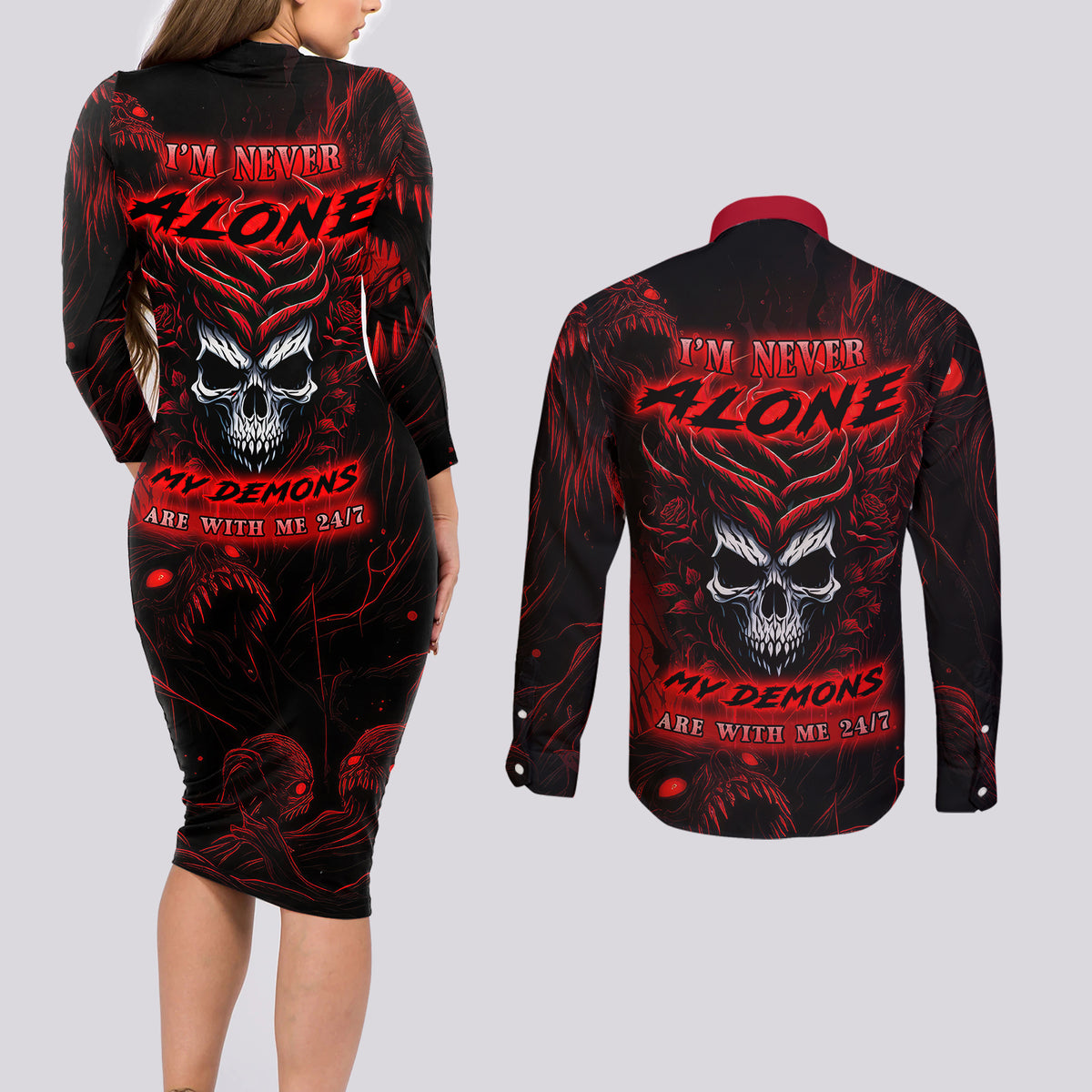 I'm Never Alone My Demon Are With Me 247 Couples Matching Long Sleeve Bodycon Dress and Long Sleeve Button Shirts - Wonder Print Shop