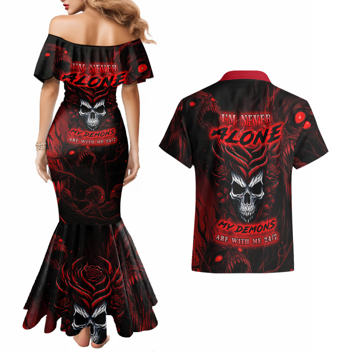 I'm Never Alone My Demon Are With Me 247 Couples Matching Mermaid Dress and Hawaiian Shirt - Wonder Print Shop