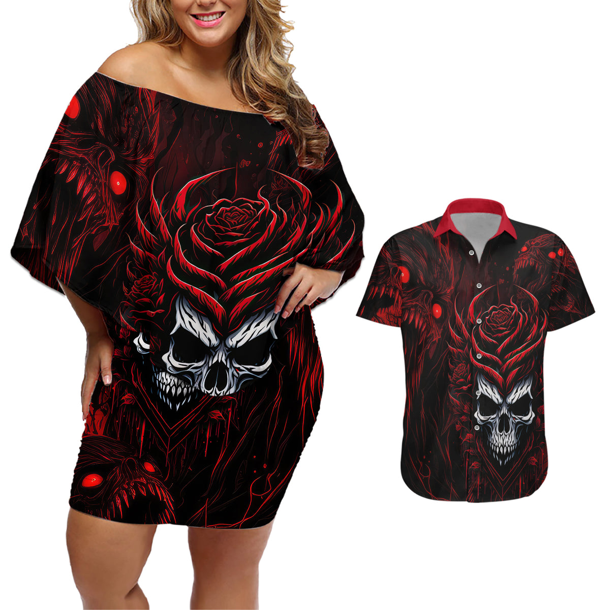 I'm Never Alone My Demon Are With Me 247 Couples Matching Off Shoulder Short Dress and Hawaiian Shirt - Wonder Print Shop