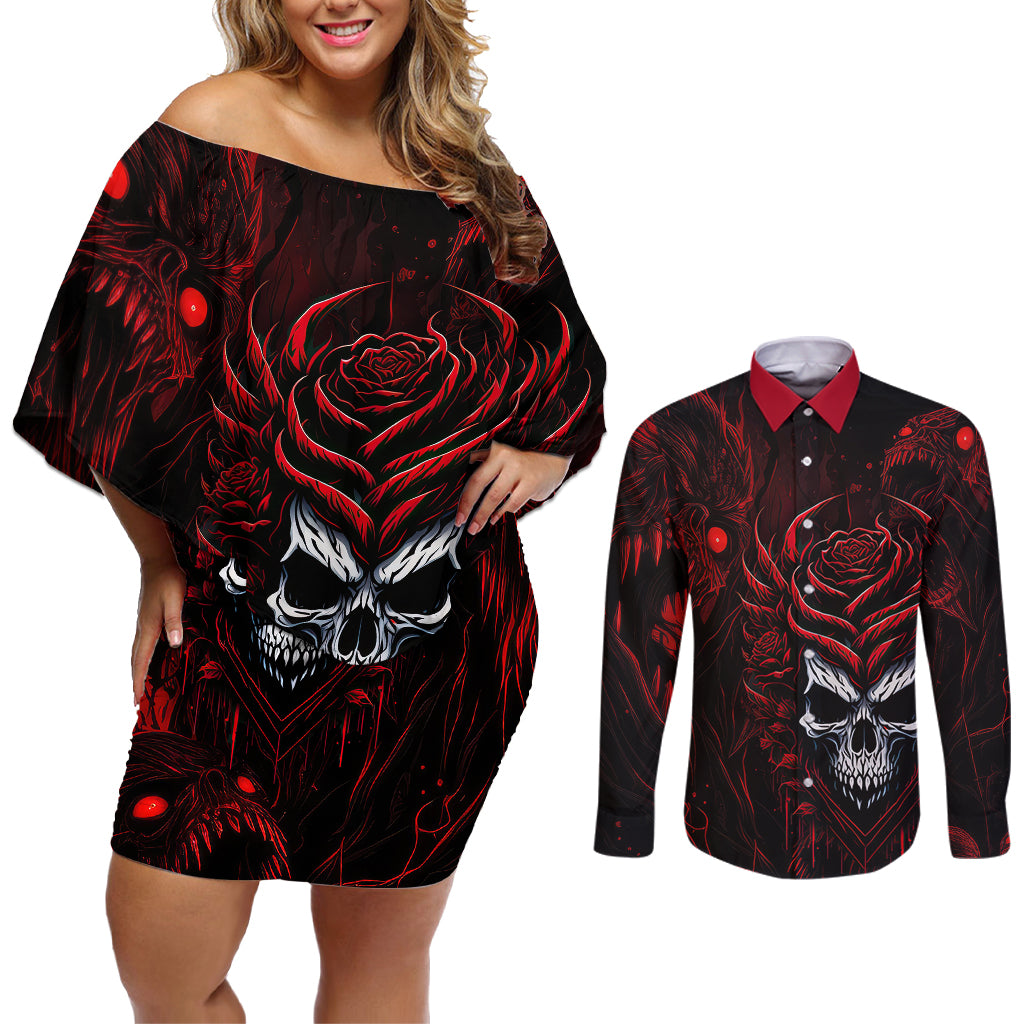 I'm Never Alone My Demon Are With Me 247 Couples Matching Off Shoulder Short Dress and Long Sleeve Button Shirts - Wonder Print Shop
