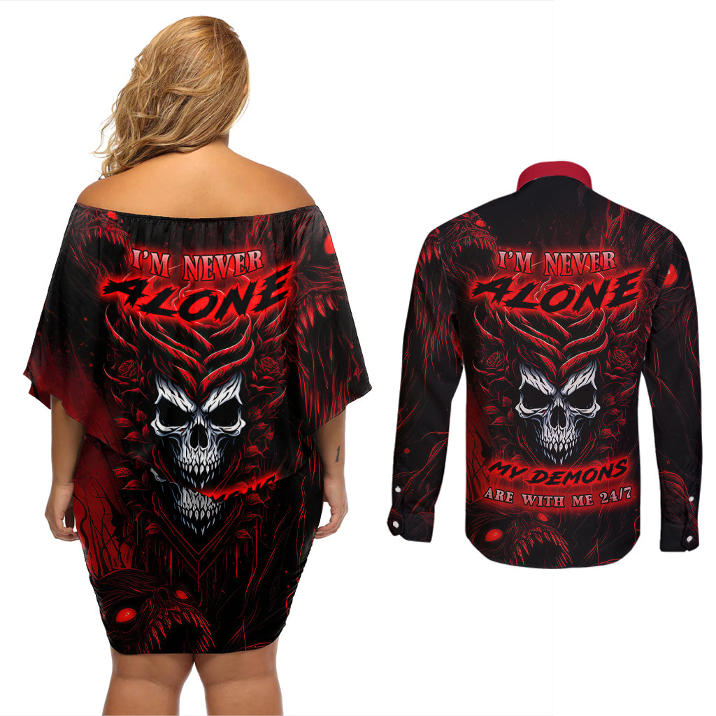 I'm Never Alone My Demon Are With Me 247 Couples Matching Off Shoulder Short Dress and Long Sleeve Button Shirts - Wonder Print Shop