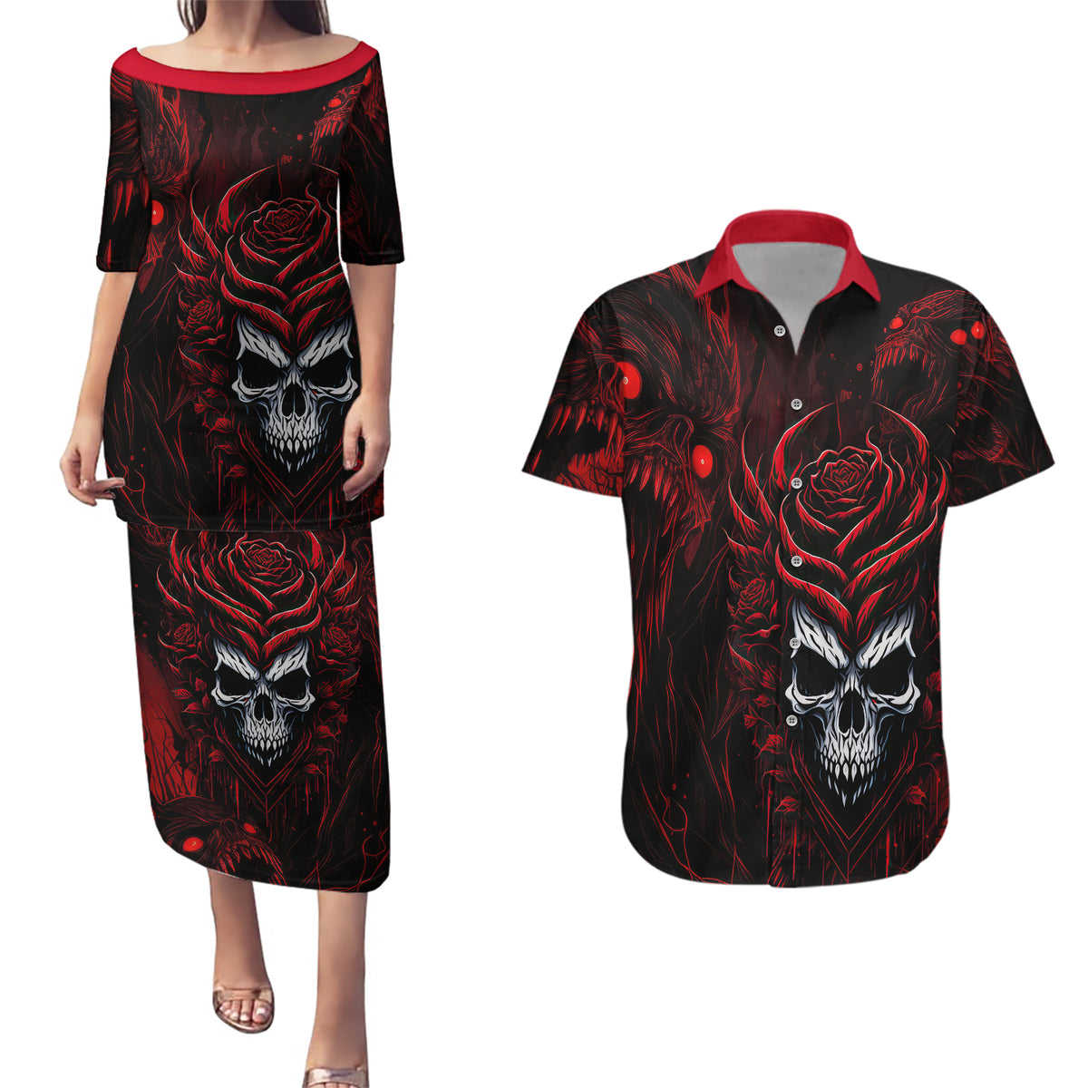 I'm Never Alone My Demon Are With Me 247 Couples Matching Puletasi Dress and Hawaiian Shirt - Wonder Print Shop