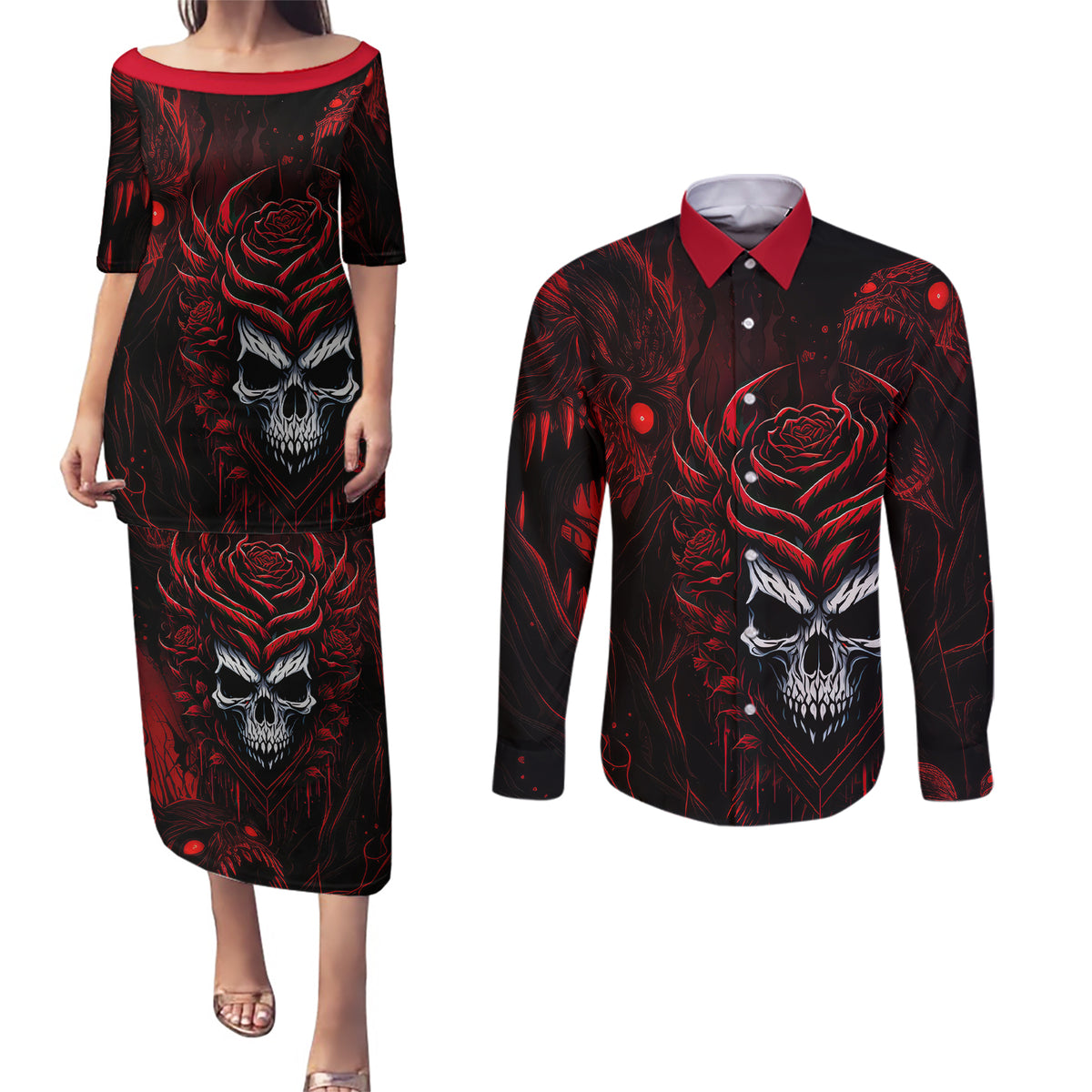 I'm Never Alone My Demon Are With Me 247 Couples Matching Puletasi Dress and Long Sleeve Button Shirts - Wonder Print Shop