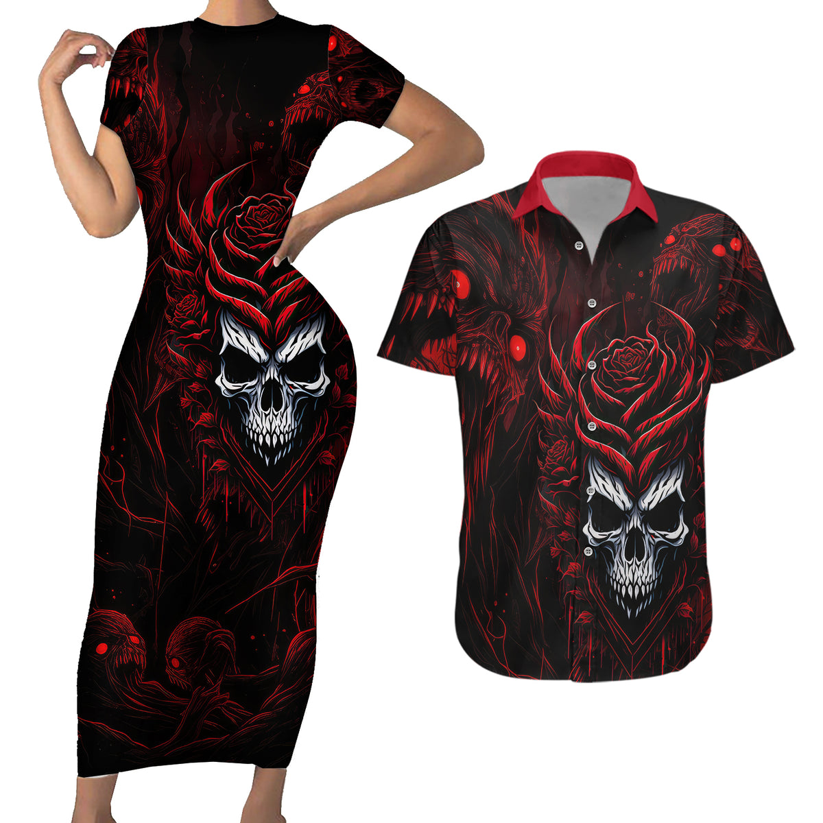 I'm Never Alone My Demon Are With Me 247 Couples Matching Short Sleeve Bodycon Dress and Hawaiian Shirt - Wonder Print Shop
