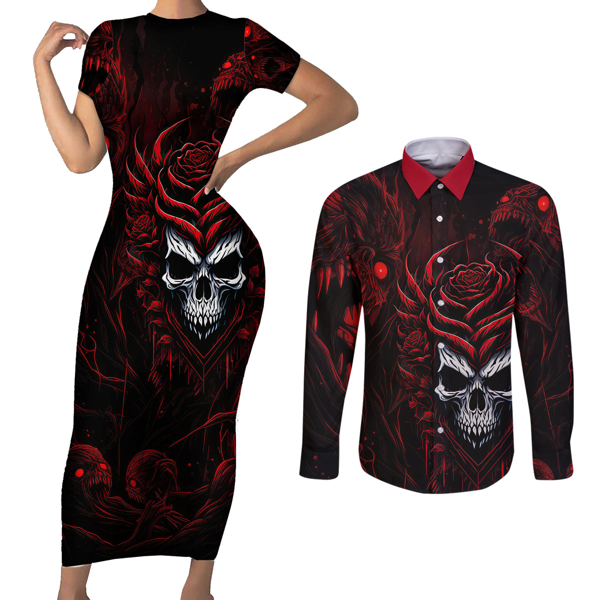 I'm Never Alone My Demon Are With Me 247 Couples Matching Short Sleeve Bodycon Dress and Long Sleeve Button Shirts - Wonder Print Shop