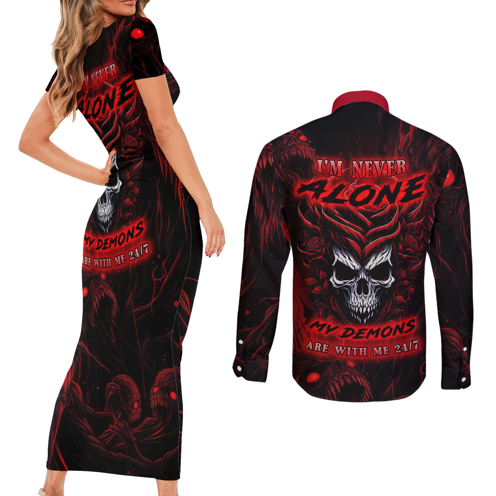 I'm Never Alone My Demon Are With Me 247 Couples Matching Short Sleeve Bodycon Dress and Long Sleeve Button Shirts - Wonder Print Shop