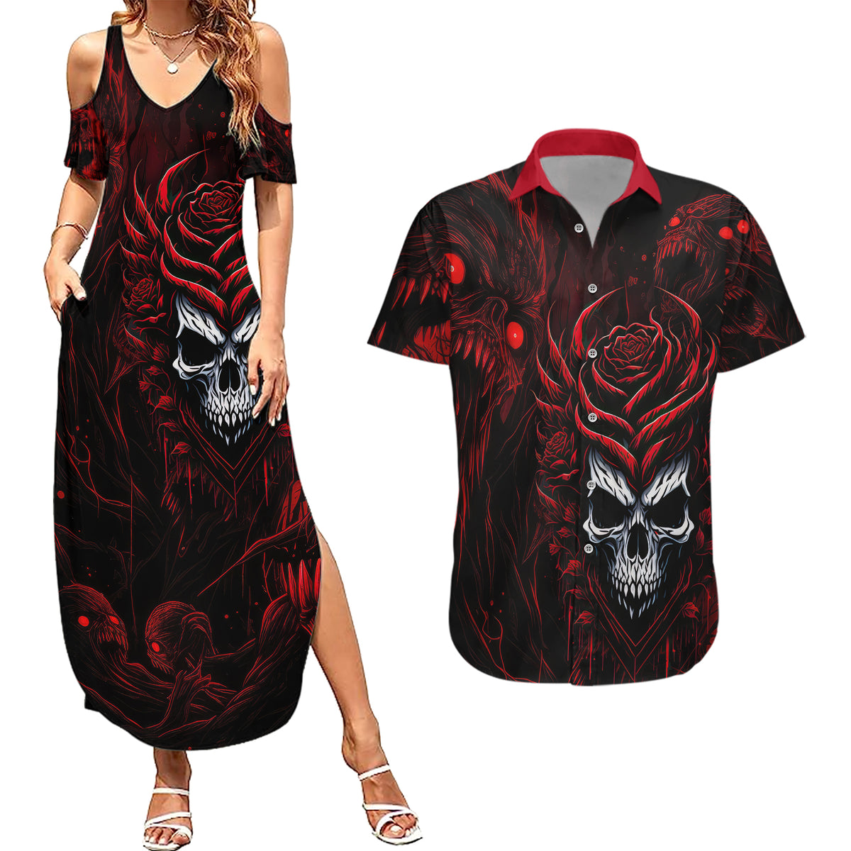 I'm Never Alone My Demon Are With Me 247 Couples Matching Summer Maxi Dress and Hawaiian Shirt - Wonder Print Shop