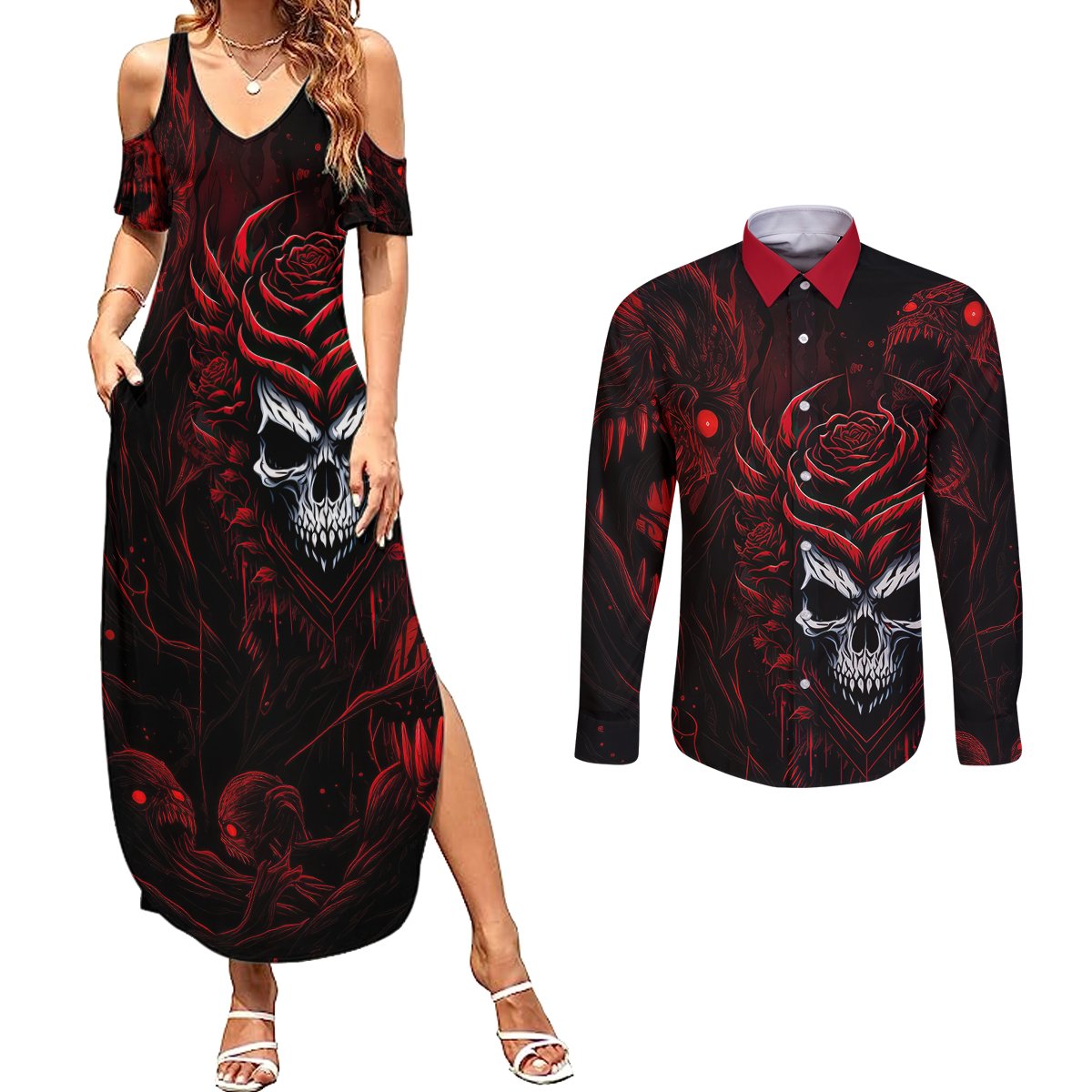 I'm Never Alone My Demon Are With Me 247 Couples Matching Summer Maxi Dress and Long Sleeve Button Shirts - Wonder Print Shop