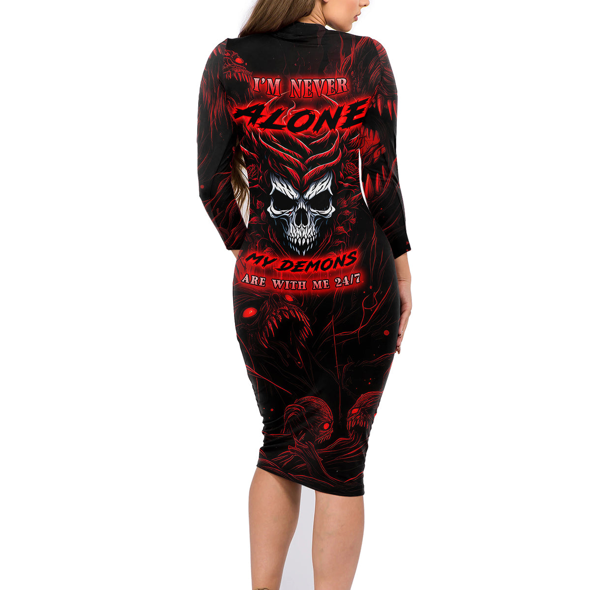 I'm Never Alone My Demon Are With Me 247 Family Matching Long Sleeve Bodycon Dress and Hawaiian Shirt - Wonder Print Shop