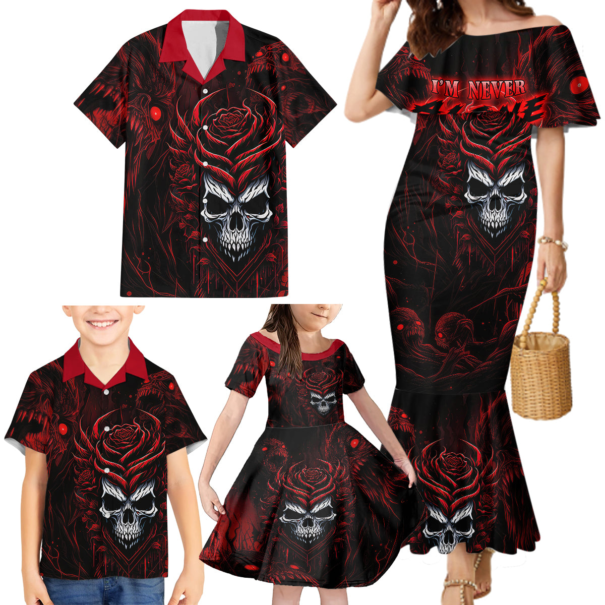 I'm Never Alone My Demon Are With Me 247 Family Matching Mermaid Dress and Hawaiian Shirt - Wonder Print Shop