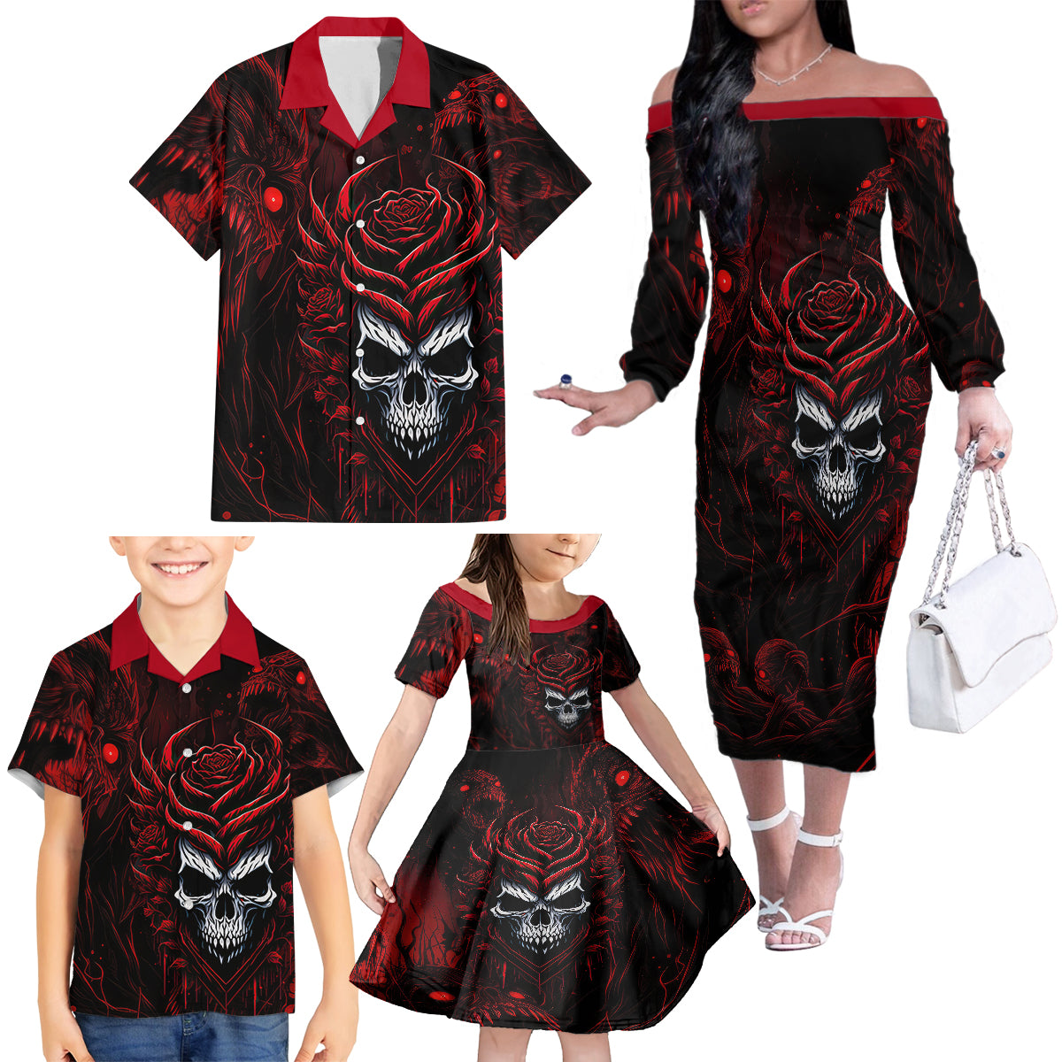 I'm Never Alone My Demon Are With Me 247 Family Matching Off Shoulder Long Sleeve Dress and Hawaiian Shirt - Wonder Print Shop