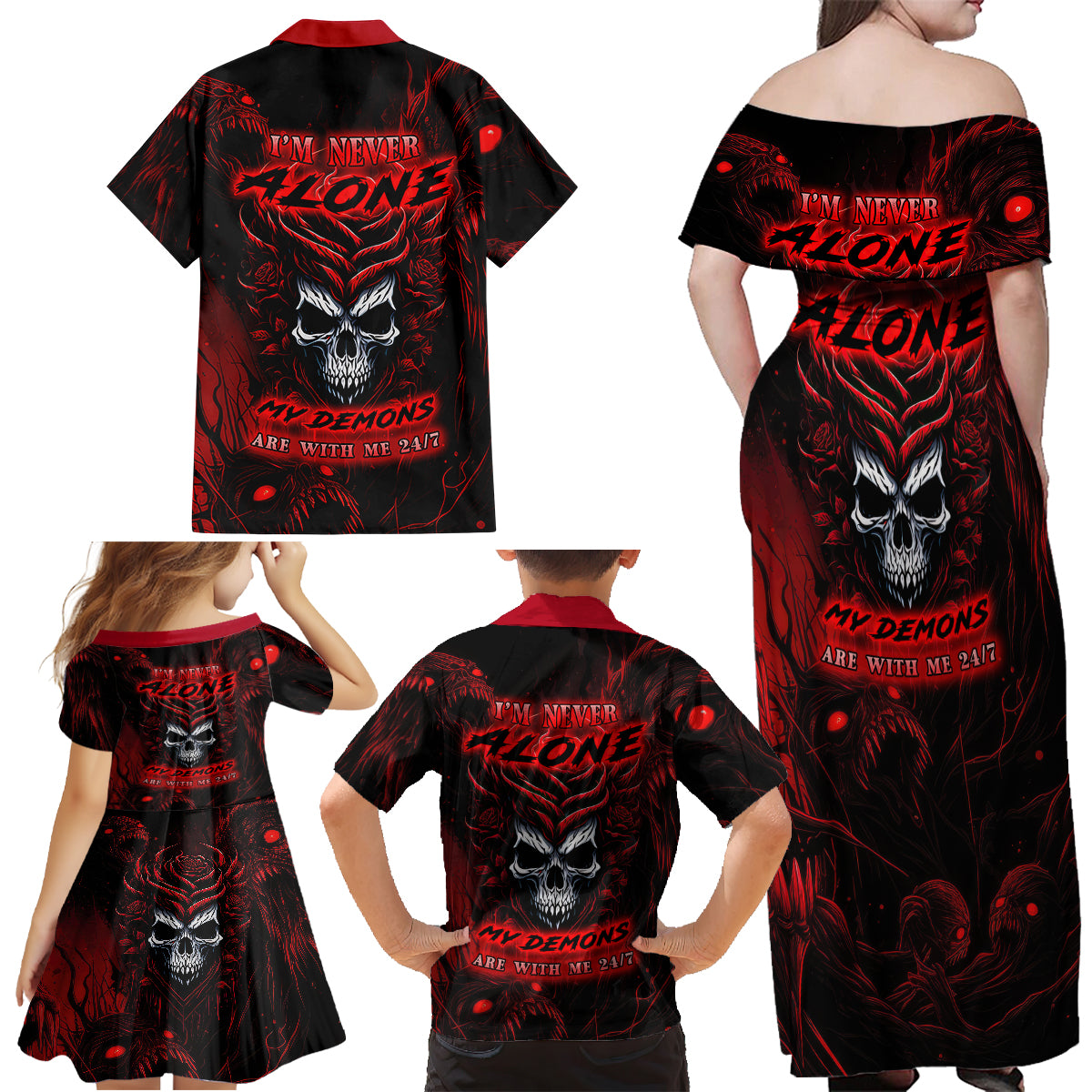 I'm Never Alone My Demon Are With Me 247 Family Matching Off Shoulder Maxi Dress and Hawaiian Shirt - Wonder Print Shop