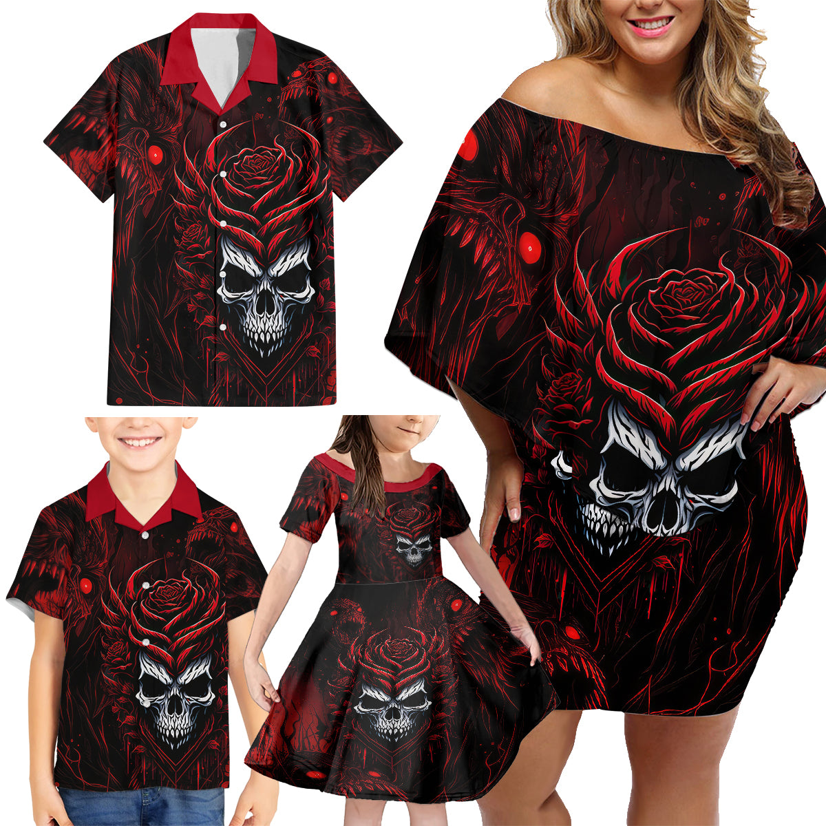 I'm Never Alone My Demon Are With Me 247 Family Matching Off Shoulder Short Dress and Hawaiian Shirt - Wonder Print Shop