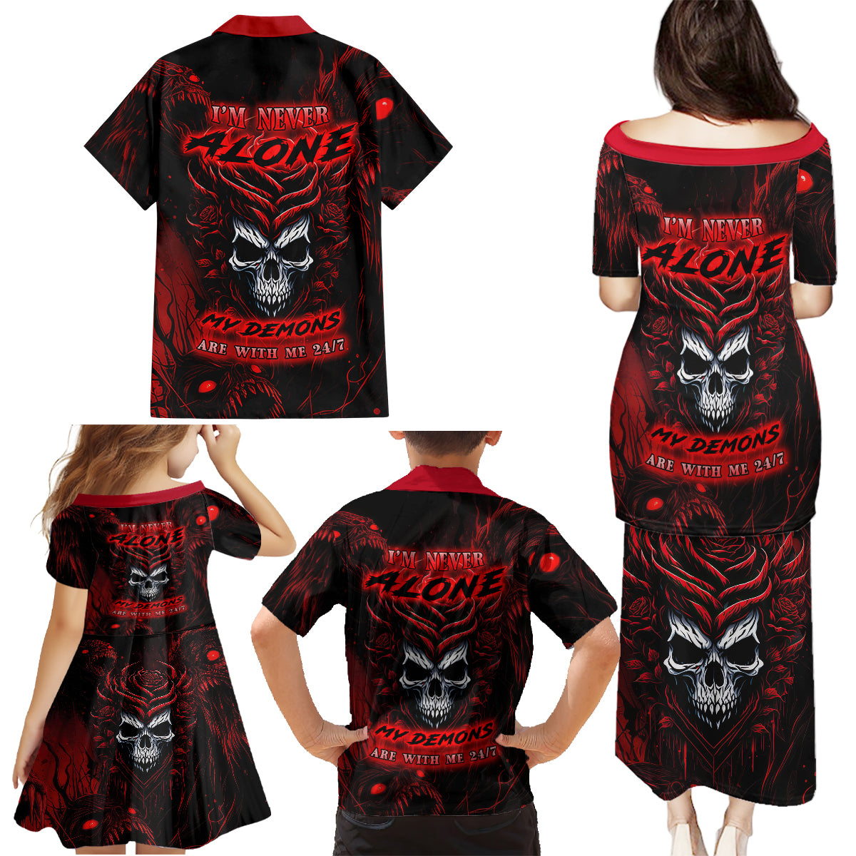 I'm Never Alone My Demon Are With Me 247 Family Matching Puletasi Dress and Hawaiian Shirt - Wonder Print Shop