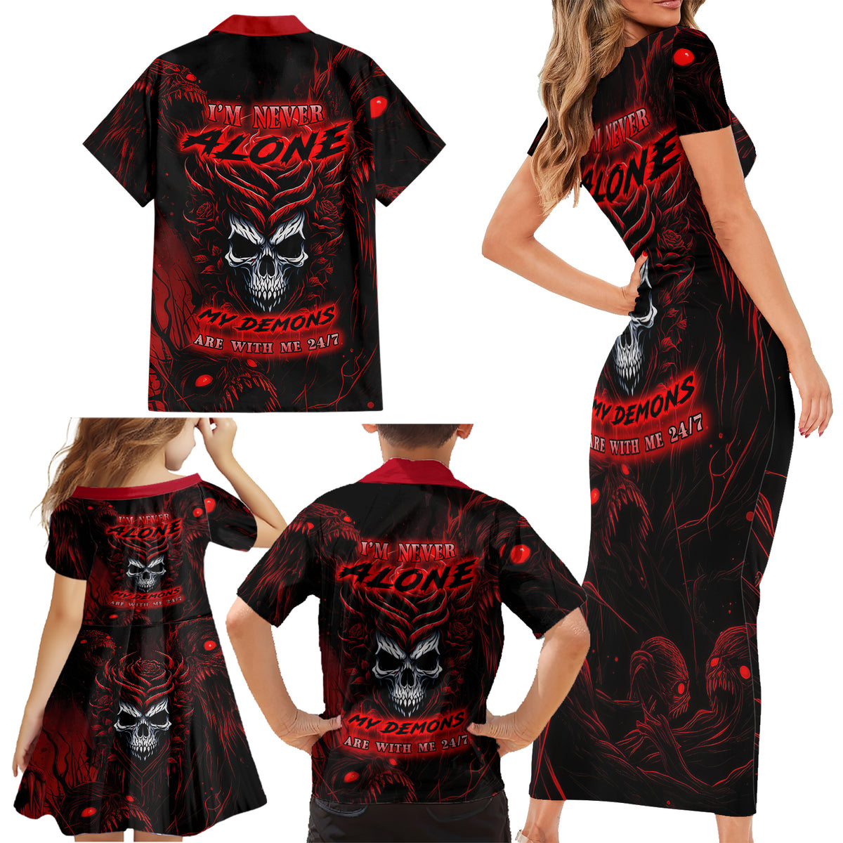 I'm Never Alone My Demon Are With Me 247 Family Matching Short Sleeve Bodycon Dress and Hawaiian Shirt - Wonder Print Shop