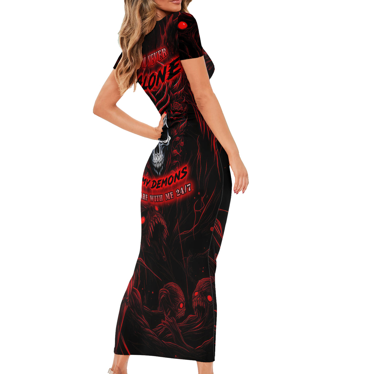 I'm Never Alone My Demon Are With Me 247 Family Matching Short Sleeve Bodycon Dress and Hawaiian Shirt - Wonder Print Shop
