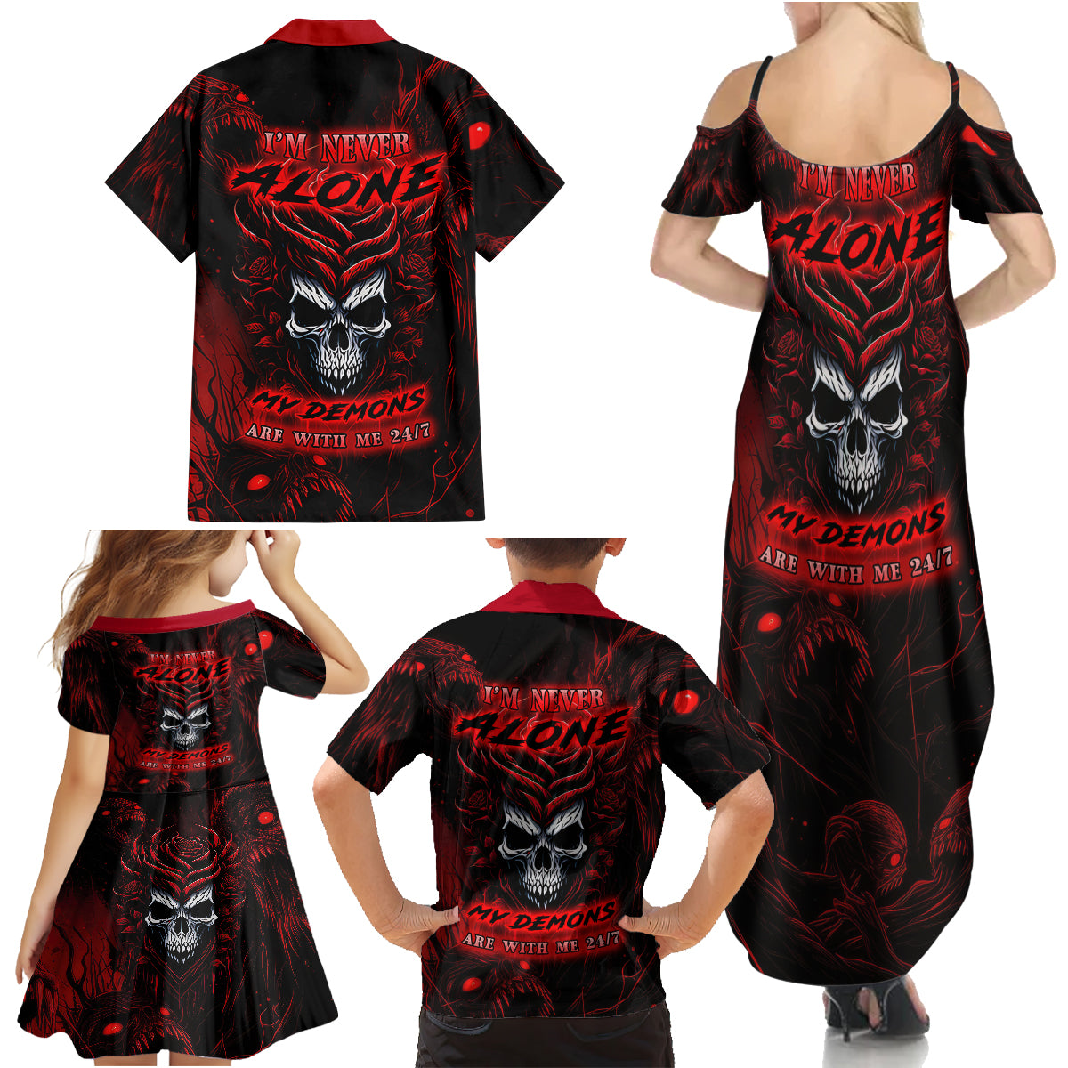 I'm Never Alone My Demon Are With Me 247 Family Matching Summer Maxi Dress and Hawaiian Shirt - Wonder Print Shop