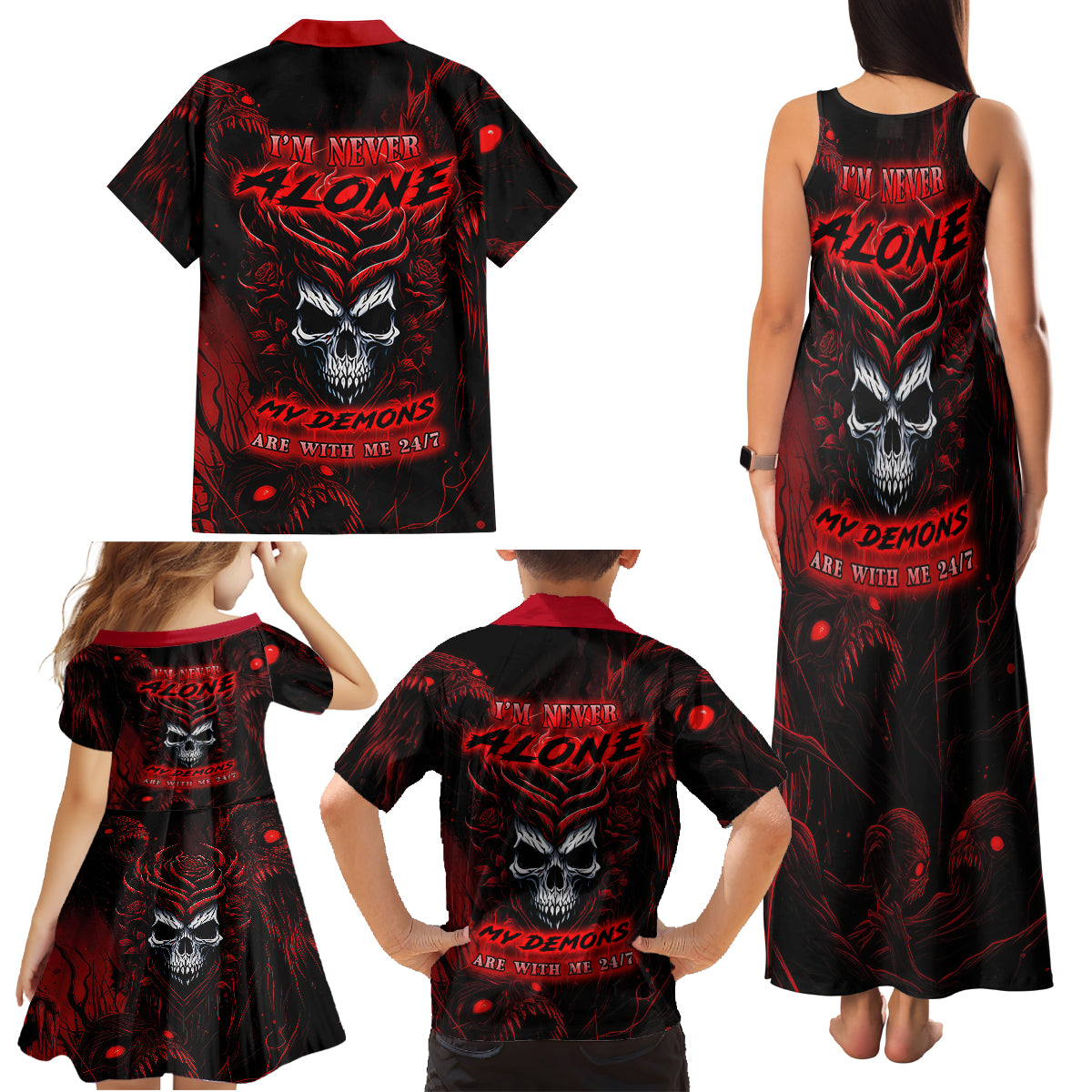 I'm Never Alone My Demon Are With Me 247 Family Matching Tank Maxi Dress and Hawaiian Shirt - Wonder Print Shop