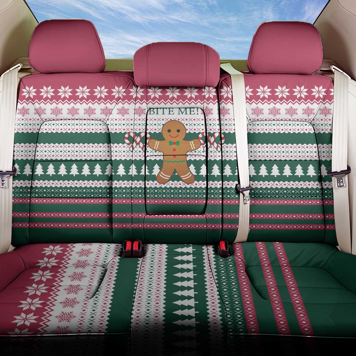 Christmas Cookies Bite Me Back Car Seat Cover with Gingerbread Man Candy Canes and Snowflake Tree - Wonder Print Shop