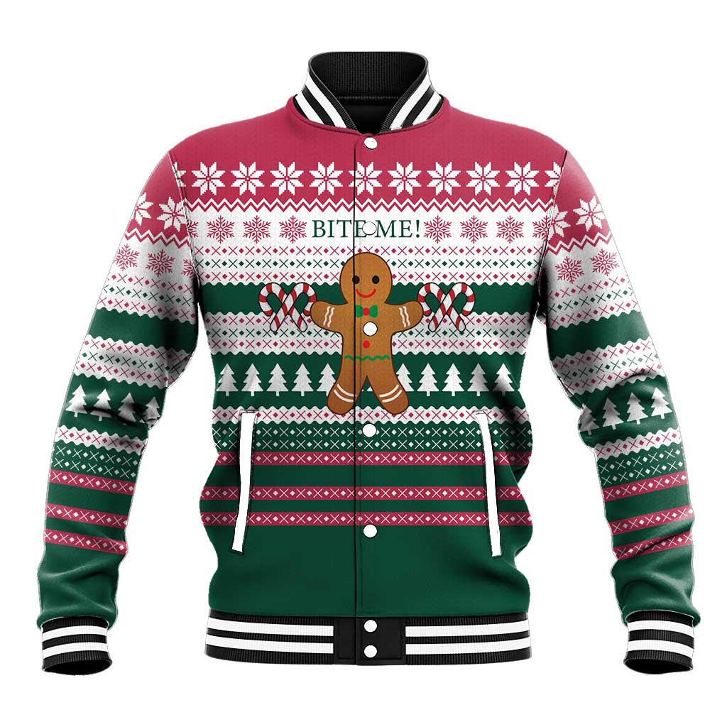 Christmas Cookies Bite Me Baseball Jacket with Gingerbread Man Candy Canes and Snowflake Tree - Wonder Print Shop