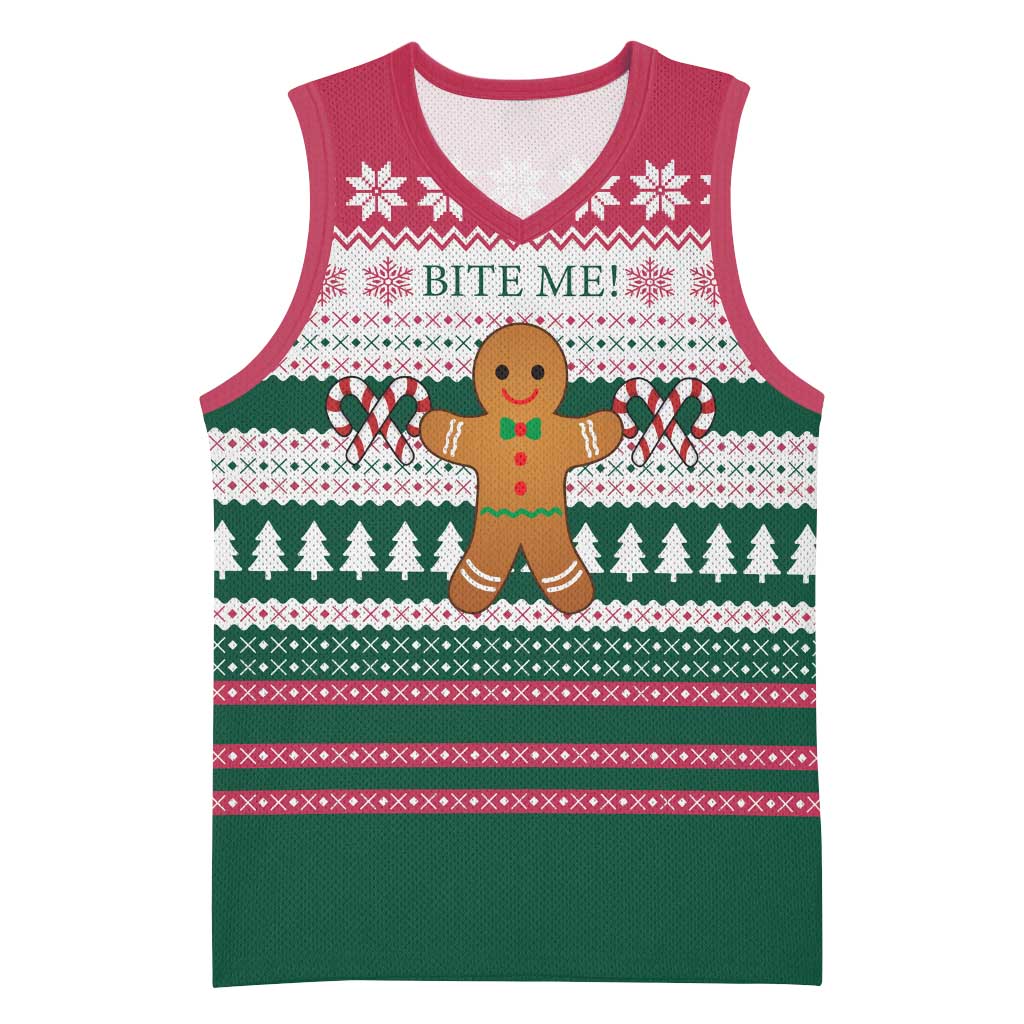 Christmas Cookies Bite Me Basketball Jersey with Gingerbread Man Candy Canes and Snowflake Tree - Wonder Print Shop
